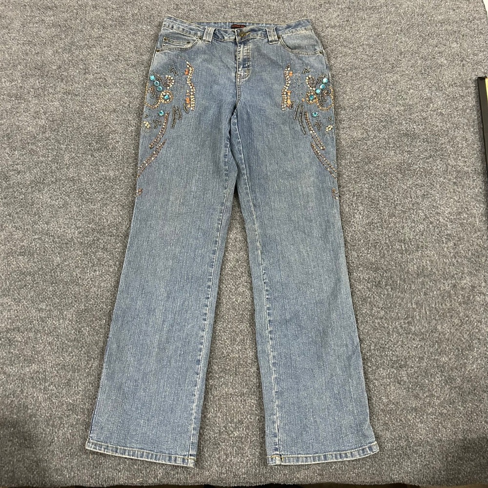 Andre Bin Jeans Womens Size 10 Blue Beaded Floral Straight Leg Denim Pants